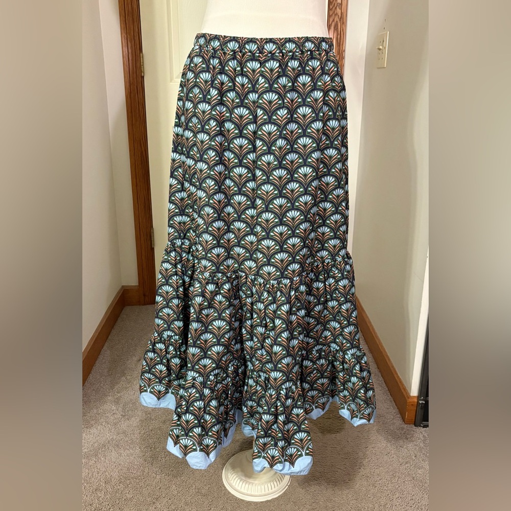 Cara Cara Black Maxi Skirt with Blue and Brown Fan Print